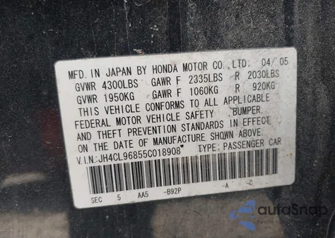 2005 Acura Tsx z USA, uszkodzony, nr VIN JH4CL96855C018908